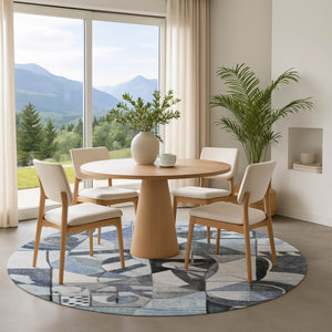 HomeRoots 8' Abstract Denim Blue, Ivory & Gray Round Rug - Washable, UV Protected, Stain Resistant for Any Space 700394