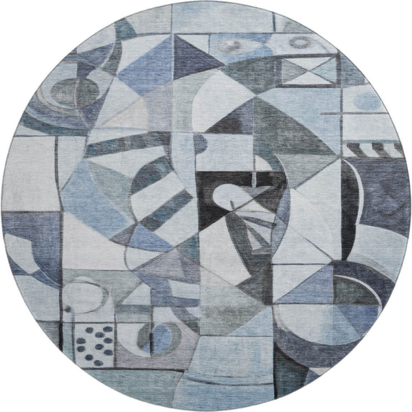 HomeRoots 8' Abstract Denim Blue, Ivory & Gray Round Rug - Washable, UV Protected, Stain Resistant for Any Space 700394