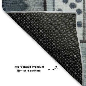 HomeRoots 8' Abstract Denim Blue, Ivory & Gray Round Rug - Washable, UV Protected, Stain Resistant for Any Space 700394