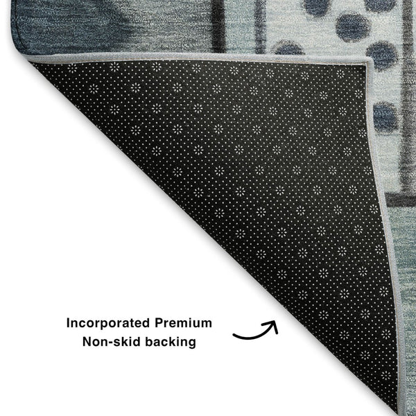 HomeRoots 8' Abstract Denim Blue, Ivory & Gray Round Rug - Washable, UV Protected, Stain Resistant for Any Space 700394