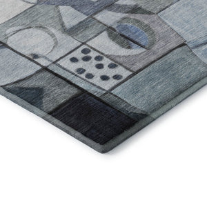 HomeRoots 8' Abstract Denim Blue, Ivory & Gray Round Rug - Washable, UV Protected, Stain Resistant for Any Space 700394