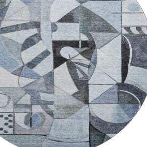 HomeRoots 8' Abstract Denim Blue, Ivory & Gray Round Rug - Washable, UV Protected, Stain Resistant for Any Space 700394
