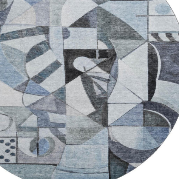 HomeRoots 8' Abstract Denim Blue, Ivory & Gray Round Rug - Washable, UV Protected, Stain Resistant for Any Space 700394