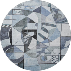 HomeRoots 8' Abstract Denim Blue, Ivory & Gray Round Rug - Washable, UV Protected, Stain Resistant for Any Space 700394