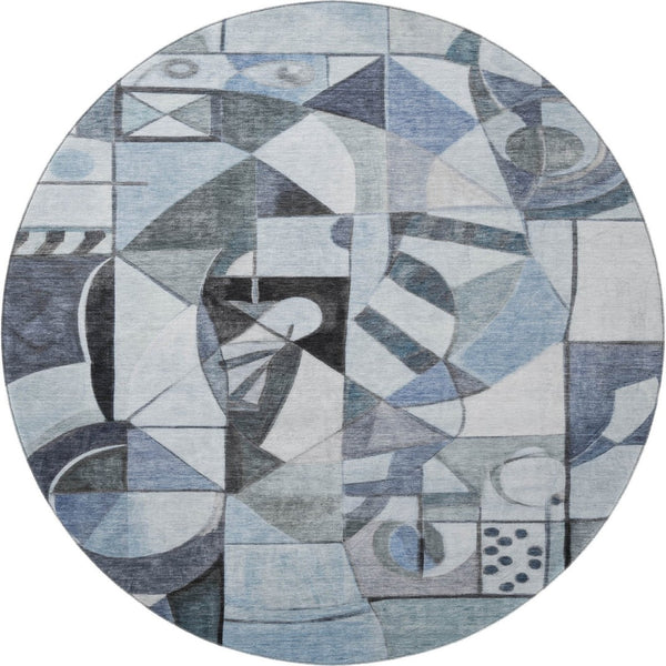 HomeRoots 8' Abstract Denim Blue, Ivory & Gray Round Rug - Washable, UV Protected, Stain Resistant for Any Space 700394