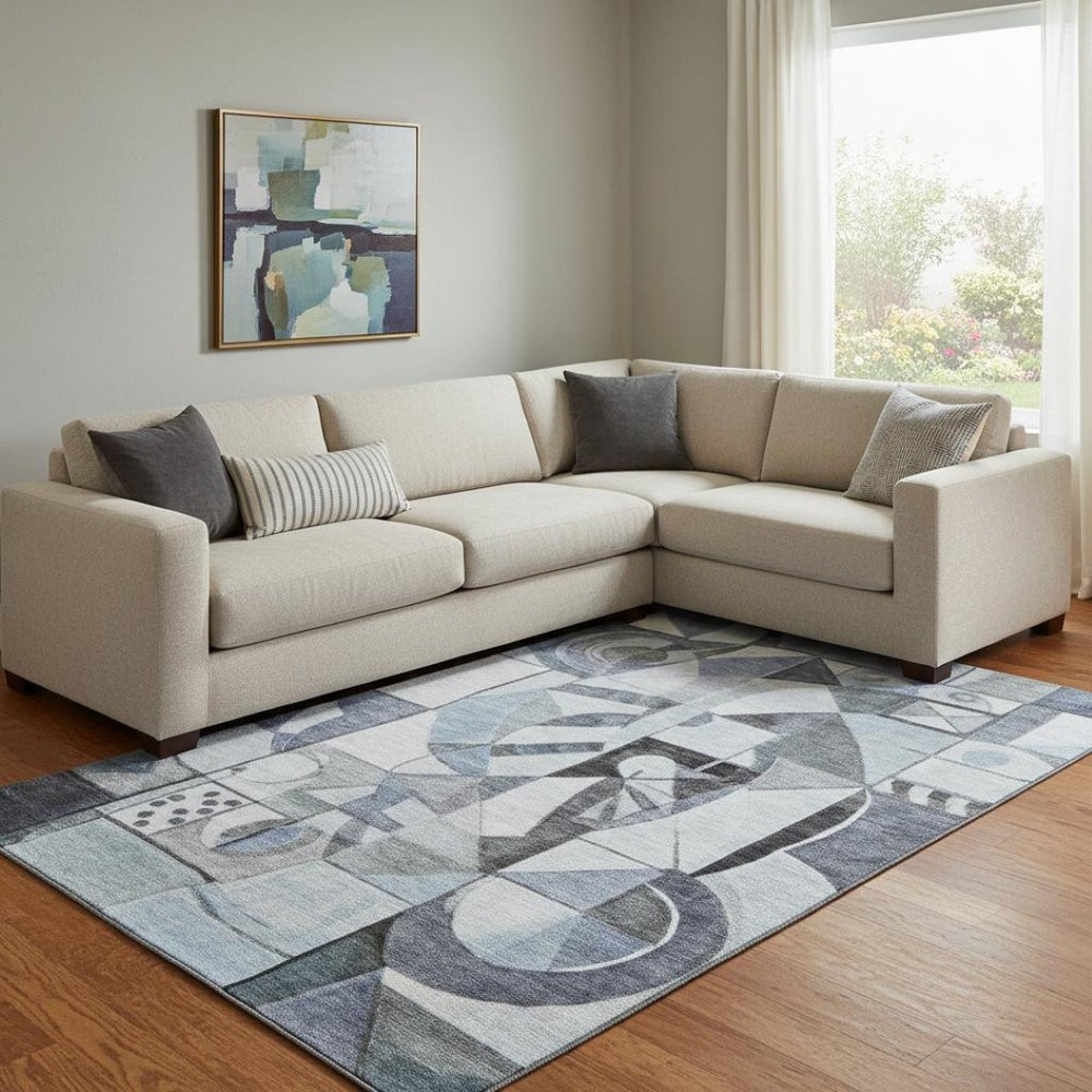 HomeRoots 8' X 10' Washable Denim Blue and Ivory Abstract Area Rug with UV Protection & Non-Slip Backing 700395