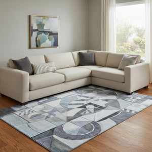 HomeRoots 8' X 10' Washable Denim Blue and Ivory Abstract Area Rug with UV Protection & Non-Slip Backing 700395