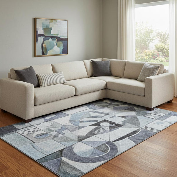 HomeRoots 8' X 10' Washable Denim Blue and Ivory Abstract Area Rug with UV Protection & Non-Slip Backing 700395
