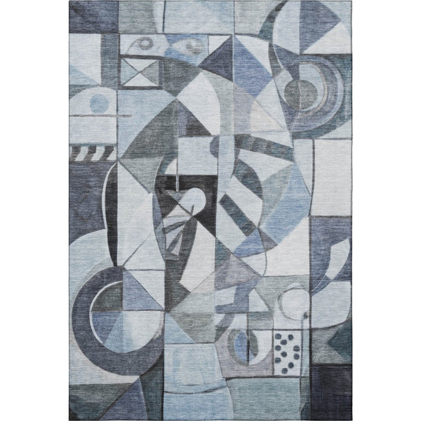 HomeRoots 8' X 10' Washable Denim Blue and Ivory Abstract Area Rug with UV Protection & Non-Slip Backing 700395