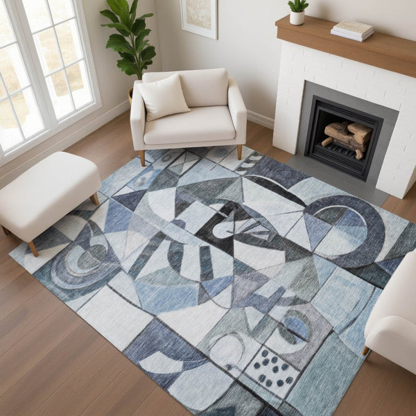 HomeRoots 9' X 12' Stylish Denim Blue Abstract Area Rug - Washable, UV Protected, Stain Resistant for Homes 700396