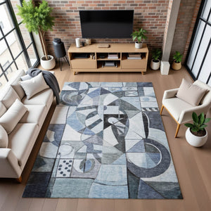 HomeRoots 9' X 12' Stylish Denim Blue Abstract Area Rug - Washable, UV Protected, Stain Resistant for Homes 700396
