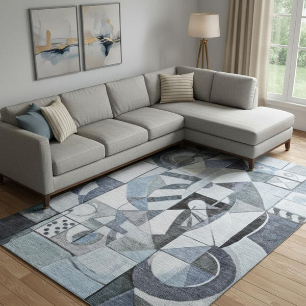 HomeRoots 10' Washable Denim Blue, Ivory & Gray Abstract Area Rug with UV Protection for Modern Spaces 700397