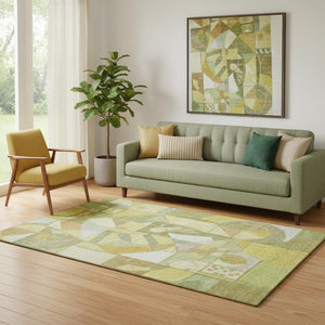 HomeRoots 5' X 8' Fern Green Gold Ivory Abstract Area Rug - Washable, UV-Protected, Stylish & Durable Design 700399
