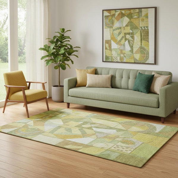 HomeRoots 5' X 8' Fern Green Gold Ivory Abstract Area Rug - Washable, UV-Protected, Stylish & Durable Design 700399