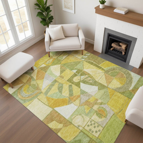HomeRoots 5' X 8' Fern Green Gold Ivory Abstract Area Rug - Washable, UV-Protected, Stylish & Durable Design 700399
