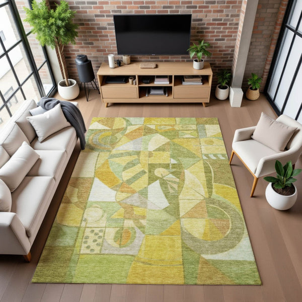 HomeRoots 5' X 8' Fern Green Gold Ivory Abstract Area Rug - Washable, UV-Protected, Stylish & Durable Design 700399