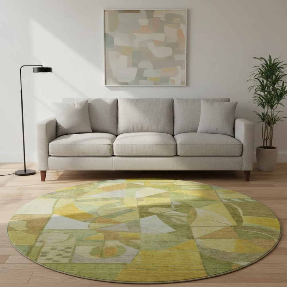 HomeRoots 8' Abstract Fern Green Gold and Ivory Washable Round Rug - UV Protected, Non-Slip, Durable Design 700400