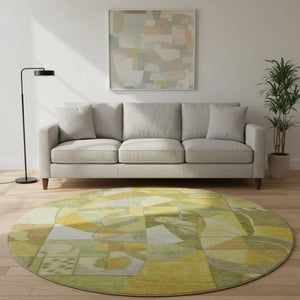 HomeRoots 8' Abstract Fern Green Gold and Ivory Washable Round Rug - UV Protected, Non-Slip, Durable Design 700400