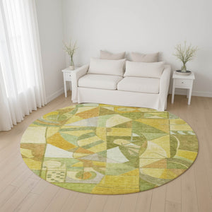 HomeRoots 8' Abstract Fern Green Gold and Ivory Washable Round Rug - UV Protected, Non-Slip, Durable Design 700400