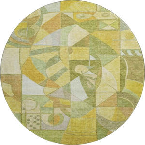 HomeRoots 8' Abstract Fern Green Gold and Ivory Washable Round Rug - UV Protected, Non-Slip, Durable Design 700400