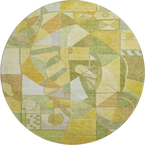 HomeRoots 8' Abstract Fern Green Gold and Ivory Washable Round Rug - UV Protected, Non-Slip, Durable Design 700400
