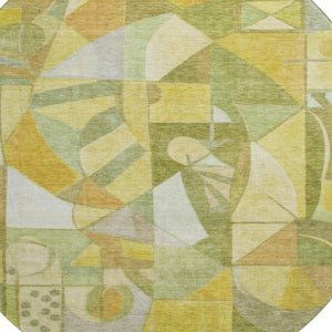 HomeRoots 8' Abstract Fern Green Gold and Ivory Washable Round Rug - UV Protected, Non-Slip, Durable Design 700400