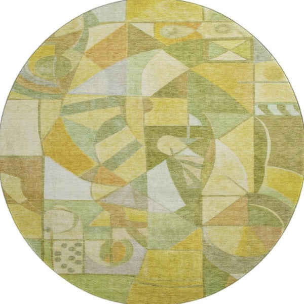 HomeRoots 8' Abstract Fern Green Gold and Ivory Washable Round Rug - UV Protected, Non-Slip, Durable Design 700400