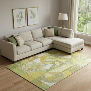 HomeRoots 10' X 14' Abstract Washable Area Rug in Fern Green, Gold & Ivory - UV Protected & Easy Care! 700403