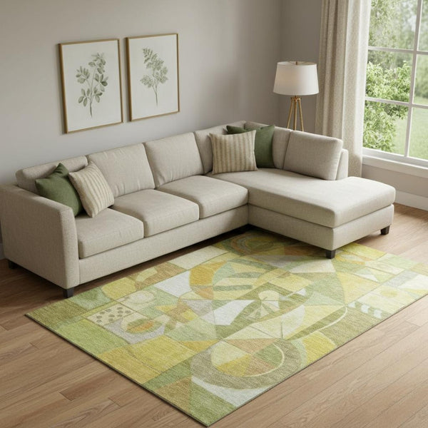 HomeRoots 10' X 14' Abstract Washable Area Rug in Fern Green, Gold & Ivory - UV Protected & Easy Care! 700403