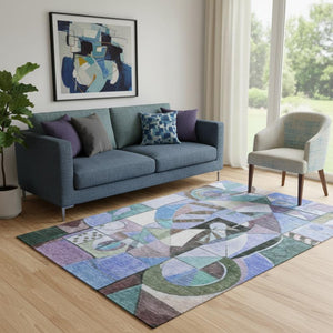HomeRoots 5' X 8' Abstract Washable Area Rug in Green, Blue, Ivory - UV Protected & Stain Resistant Design 700405