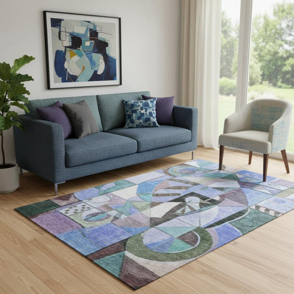 HomeRoots 5' X 8' Abstract Washable Area Rug in Green, Blue, Ivory - UV Protected & Stain Resistant Design 700405