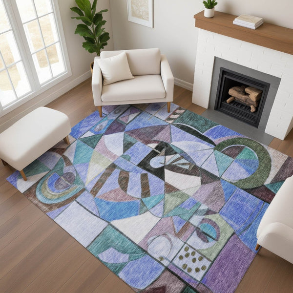 HomeRoots 5' X 8' Abstract Washable Area Rug in Green, Blue, Ivory - UV Protected & Stain Resistant Design 700405