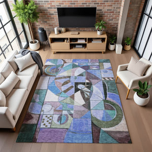 HomeRoots 5' X 8' Abstract Washable Area Rug in Green, Blue, Ivory - UV Protected & Stain Resistant Design 700405