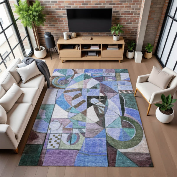 HomeRoots 5' X 8' Abstract Washable Area Rug in Green, Blue, Ivory - UV Protected & Stain Resistant Design 700405