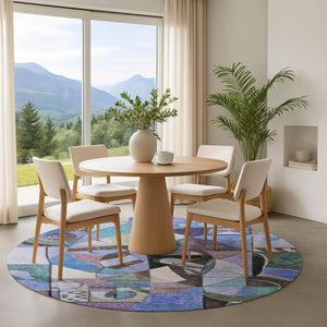 HomeRoots 8' Stylish Abstract Washable Round Area Rug in Green, Blue & Ivory - Durable, UV & Stain Resistant! 700406
