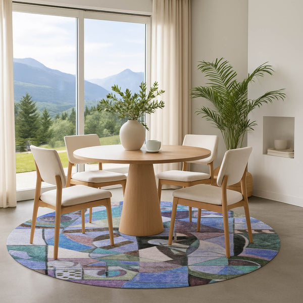HomeRoots 8' Stylish Abstract Washable Round Area Rug in Green, Blue & Ivory - Durable, UV & Stain Resistant! 700406
