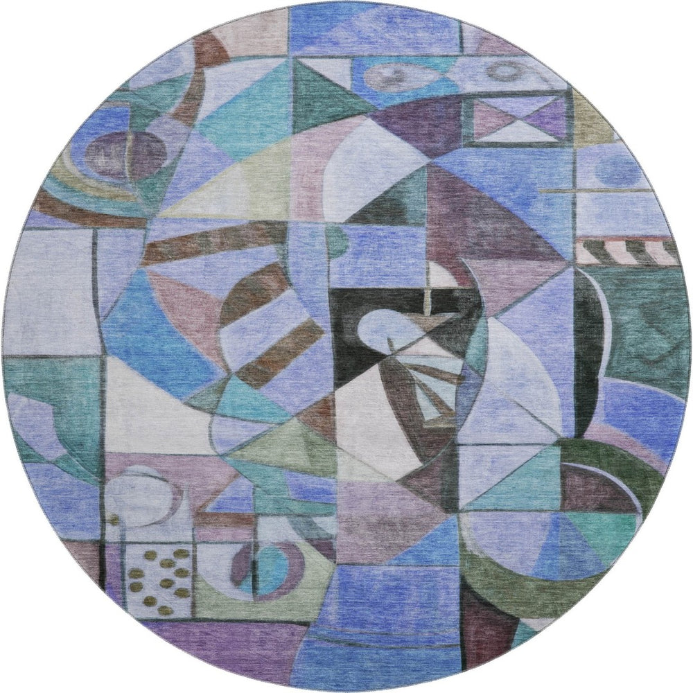 HomeRoots 8' Stylish Abstract Washable Round Area Rug in Green, Blue & Ivory - Durable, UV & Stain Resistant! 700406