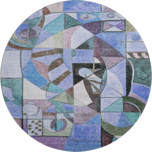 HomeRoots 8' Stylish Abstract Washable Round Area Rug in Green, Blue & Ivory - Durable, UV & Stain Resistant! 700406