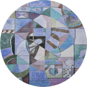 HomeRoots 8' Stylish Abstract Washable Round Area Rug in Green, Blue & Ivory - Durable, UV & Stain Resistant! 700406