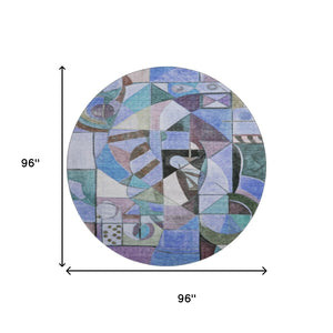 HomeRoots 8' Stylish Abstract Washable Round Area Rug in Green, Blue & Ivory - Durable, UV & Stain Resistant! 700406