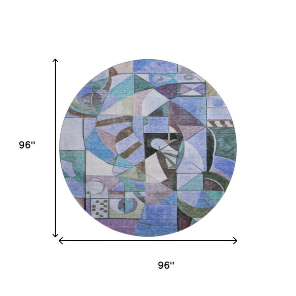 HomeRoots 8' Stylish Abstract Washable Round Area Rug in Green, Blue & Ivory - Durable, UV & Stain Resistant! 700406