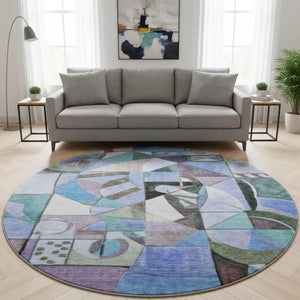 HomeRoots 8' Stylish Abstract Washable Round Area Rug in Green, Blue & Ivory - Durable, UV & Stain Resistant! 700406