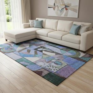 HomeRoots 8' X 10' Modern Abstract Area Rug in Green, Blue & Ivory - Washable, UV Protected, Stain-Resistant 700407