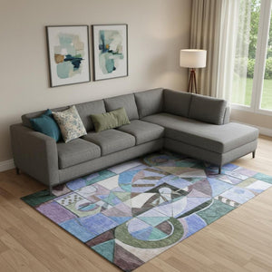 HomeRoots 10' X 14' Abstract Area Rug in Green, Blue & Ivory - Washable, UV-Protected, Stain-Resistant Beauty! 700409