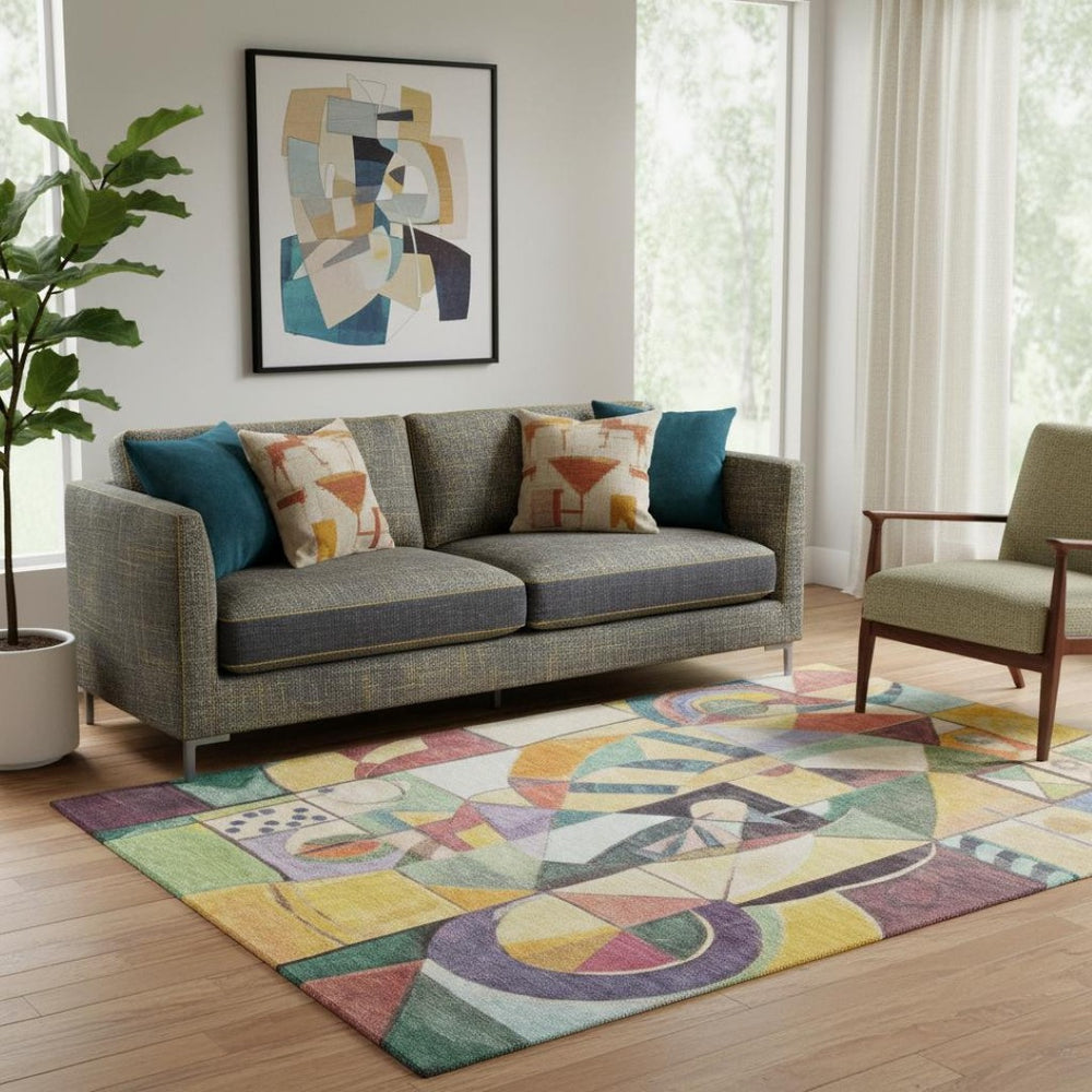 HomeRoots 5' X 8' Modern Gold Purple Ivory Abstract Area Rug - Washable, UV Protected, Non-Slip & Durable! 700411