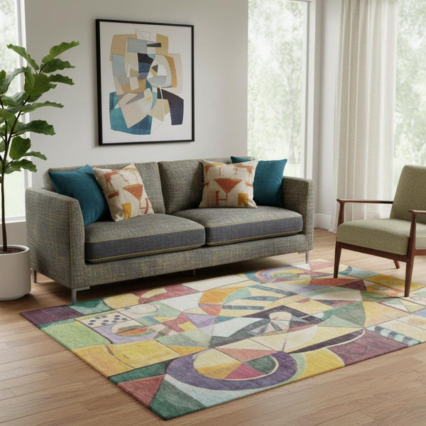 HomeRoots 5' X 8' Modern Gold Purple Ivory Abstract Area Rug - Washable, UV Protected, Non-Slip & Durable! 700411