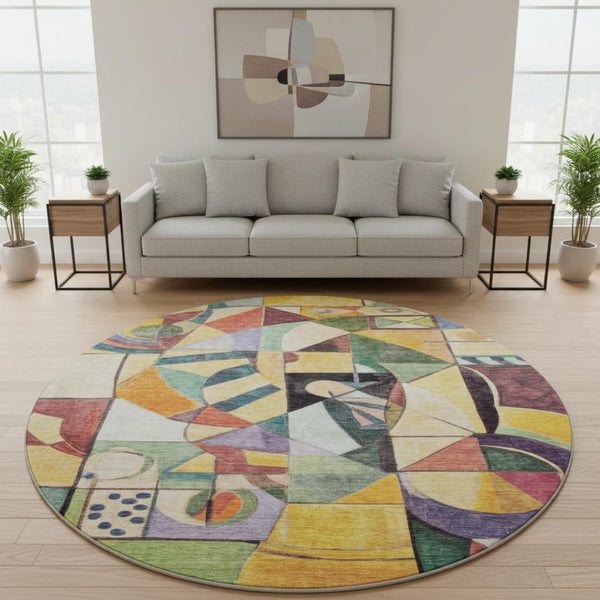 HomeRoots 8' Bold Gold, Purple & Ivory Abstract Washable Round Rug with UV Protection for Modern Spaces 700412