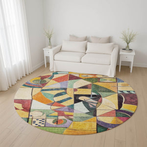 HomeRoots 8' Bold Gold, Purple & Ivory Abstract Washable Round Rug with UV Protection for Modern Spaces 700412