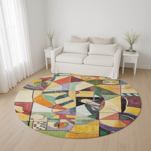 HomeRoots 8' Bold Gold, Purple & Ivory Abstract Washable Round Rug with UV Protection for Modern Spaces 700412