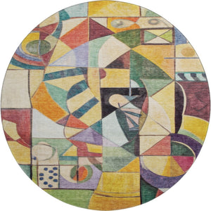 HomeRoots 8' Bold Gold, Purple & Ivory Abstract Washable Round Rug with UV Protection for Modern Spaces 700412